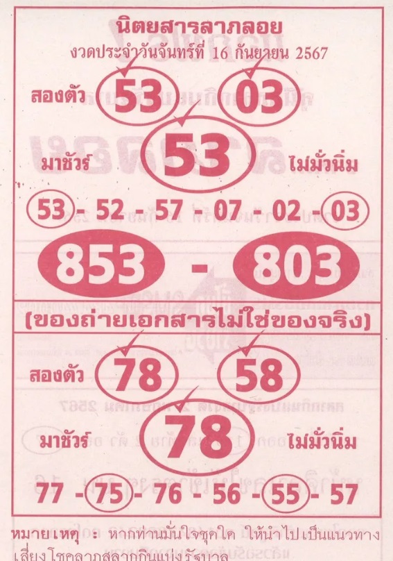 หวยลาภลอย 16/9/67